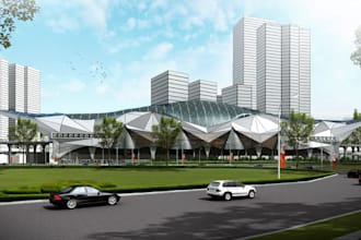 realistic3d modern link station exterior,train track design,pathway render,revit