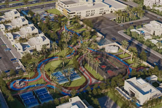 upgrade cgi mixed use compound,3d park place exterior render, village playground