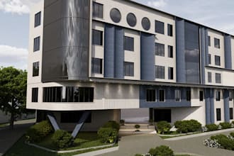 revitalize 3d school commercial building, garden rendering, daylight exterior