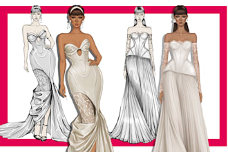 draw wedding dress sketches, fashion illustrations and clothing sketches
