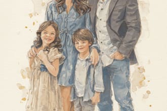draw watercolor family portrait painting from combine photo