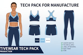 create tech pack for activewear apparel, yoga, gym, fitness, street wear design