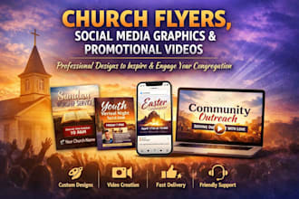 design church flyers, event flyers, social media graphics, and promotional video