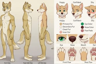 create furry oc reference sheet, fursona badges and icons for fursuit makers