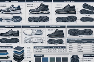 create footwear, sneaker, boot and shoe tech pack cad flats for manufacturing