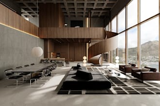 photorealistic lobby interior rendering, reception, office design, 2d floor plan