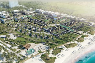 render landscape aerial view, site plan, estate 3d layout, house exterior design