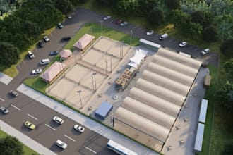 visualize 3d convenient store exterior,factory hub design,aerial view,warehouse