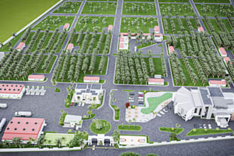visualize modern 3d farmhouse, ware house, dealership, exterior render,site plan