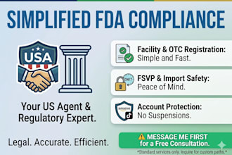 handle fda registration, fsvp, US agent and otc listing, label listing and more