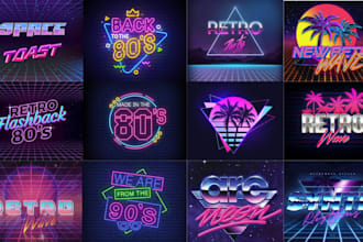 make 80s retro vintage logo with neon sign chrome effects