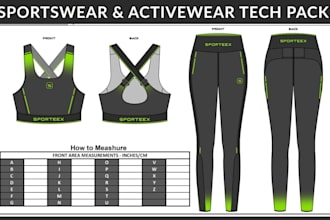 do activewear and sportswear tech pack design for gym wear and fitness apparel