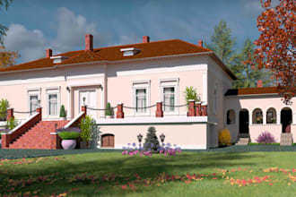 reconstruct cgi manor house, rustic tile roof,cantilever porch, family apartment