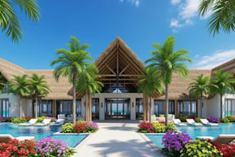 create luxury 3d beach resort exterior renders and animated walkthrough