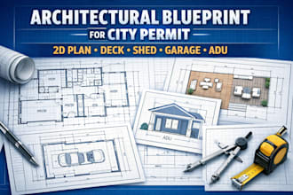 design architectural blueprint for city permit, 2d plan, deck, shed, garage, adu