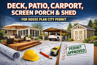 design deck, patio,carport, screen porch and shed for house plan for city permit