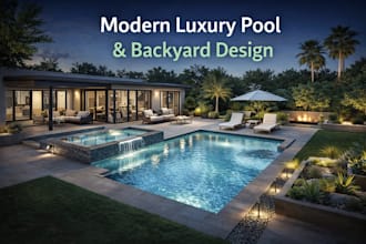 l create modern luxury pool design and backyard landscape plan