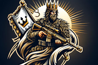 do powerful king, ghillie suit, shooter, warrior mascot logo for your brand