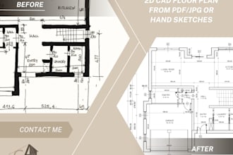 convert PDF, jpg or hand sketch into professional 2d cad floor plans