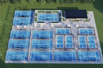 visualize padel courts complex,racquet sport facility,pickleball,3d tennis court