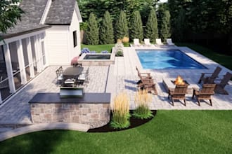 do landscape design or backyard landscape design, outdoor, garden, 3d rendering