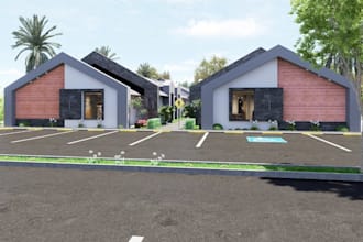 modern bungalow units building,townhouse plan, paved walkway, street view render