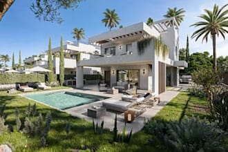 recovery 3dluxury villa,coastal view,residential area,private pool,aerial render