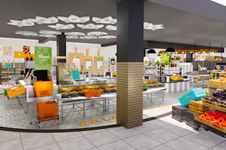 expand, modernize 3d retail food store interior,grocery unified shop,logo render