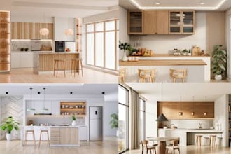 3d interior design of kitchen living room bathroom office space 3d rendering