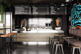 visualize 3d cafe loft interior,fast food restaurant,cgi bar lounge design,lobby
