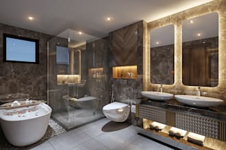 design realistic 3d spa style bathroom, toilet and shower interior