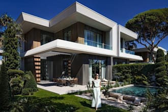 render 3d hillside villas,luxury housing,outdoor dining area,pool lounge,sunbed