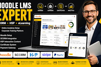 moodle lms setup, customization, scorm, h5p, elearning website, school website