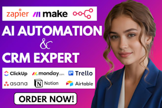 setup monday crm, clickup, trello automate workflow with make com, zapier, n8n
