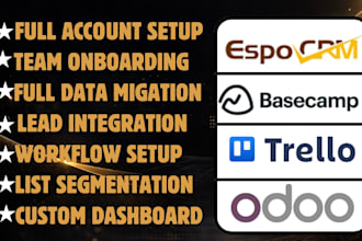setup and automate your crm system in espocrm, odoo, basecamp and trello