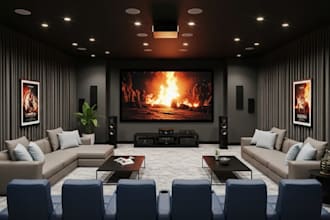 do 3d design for home theater, cinema room, podcast, music studio, kids room