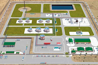 remodel industrial refinery facility, oil gas depot rendering, aerial drone view