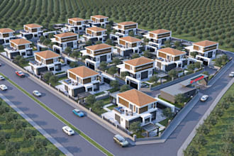 construct 3d residential site,housing development,coutyard render,villa exterior