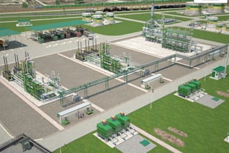 revitalize mini modular oil refinery, industrial 3d rendering, logistic center