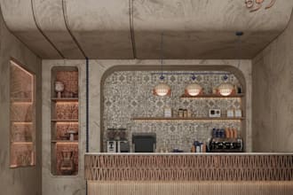 design 3d mediterranean cafe interior, furniture concept, coffee shop rendering