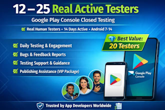 provide 12 testers 20 testers for google play android play store closed testing