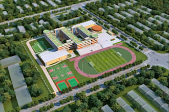 do site masterplan for contemporary school campus, outdoor playground rendering