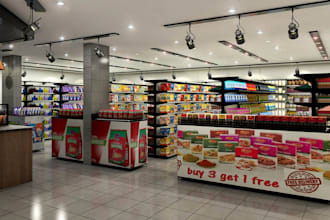 expand, modernize 3d cgi supermarket interior,counter space design,wall lighting