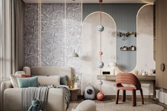 relayout 3d modern kids bedroom interior, playful space, dimense wall render