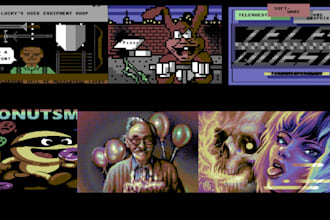 create retro pixel art cover, c64 style artwork, 8, 16 bit, game splash screen