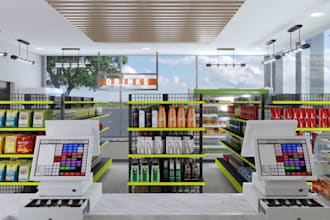 expand 3d mini mart interior,grocery store layout,counter space design,cgi racks