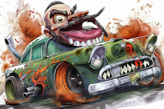 create illustration cartoon car rat fink style