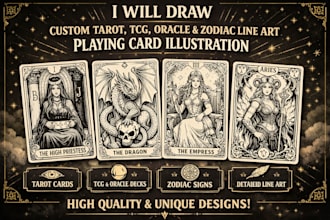 draw custom tarot card tcg oracle zodiac line art playing card illustration