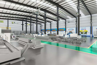 render modern steel factory, structural warehouse design, 3d interior rendering