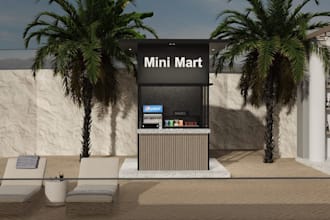 retrofit 3d modern beach mini mart exterior, layout plan, cgi outdoor bar design
